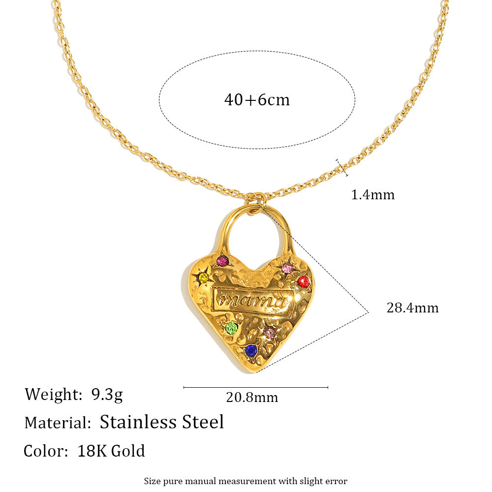 Colored Zirconium Love Mama Pendant Necklace-gold Stainless Steel Diamond Heart Necklace