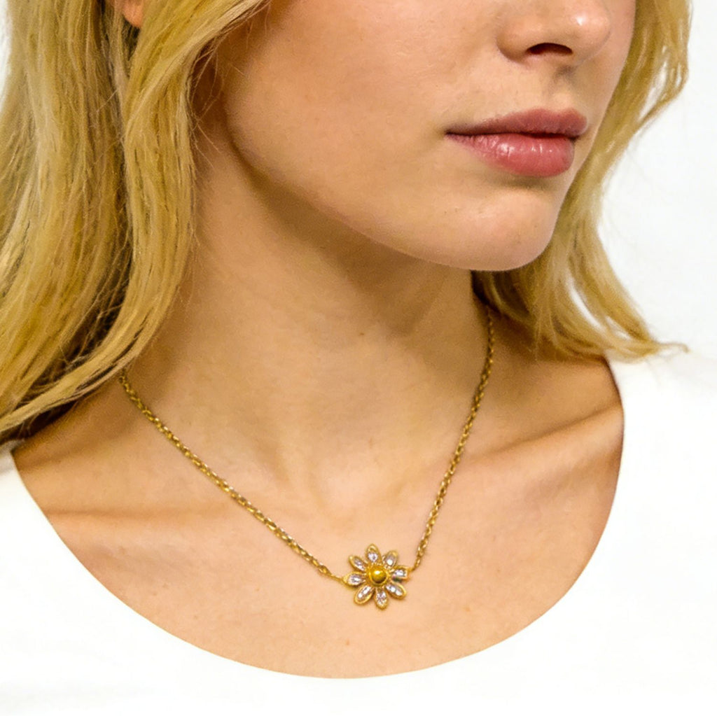 Gold 3d Daisy Zircon Pendant Necklace Stainless Steel 18k Gold Plated