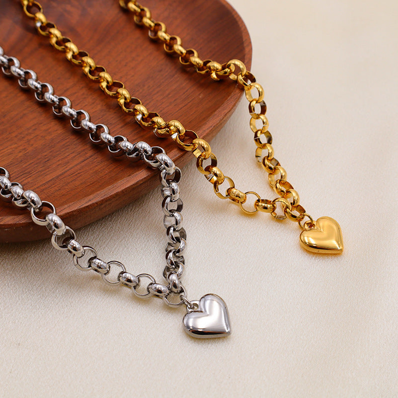 ¡¾h1225¡¿ot Clasp Heart Necklace (gold) Polished Heart Pendant Titanium Steel Bracelet Ot Necklace