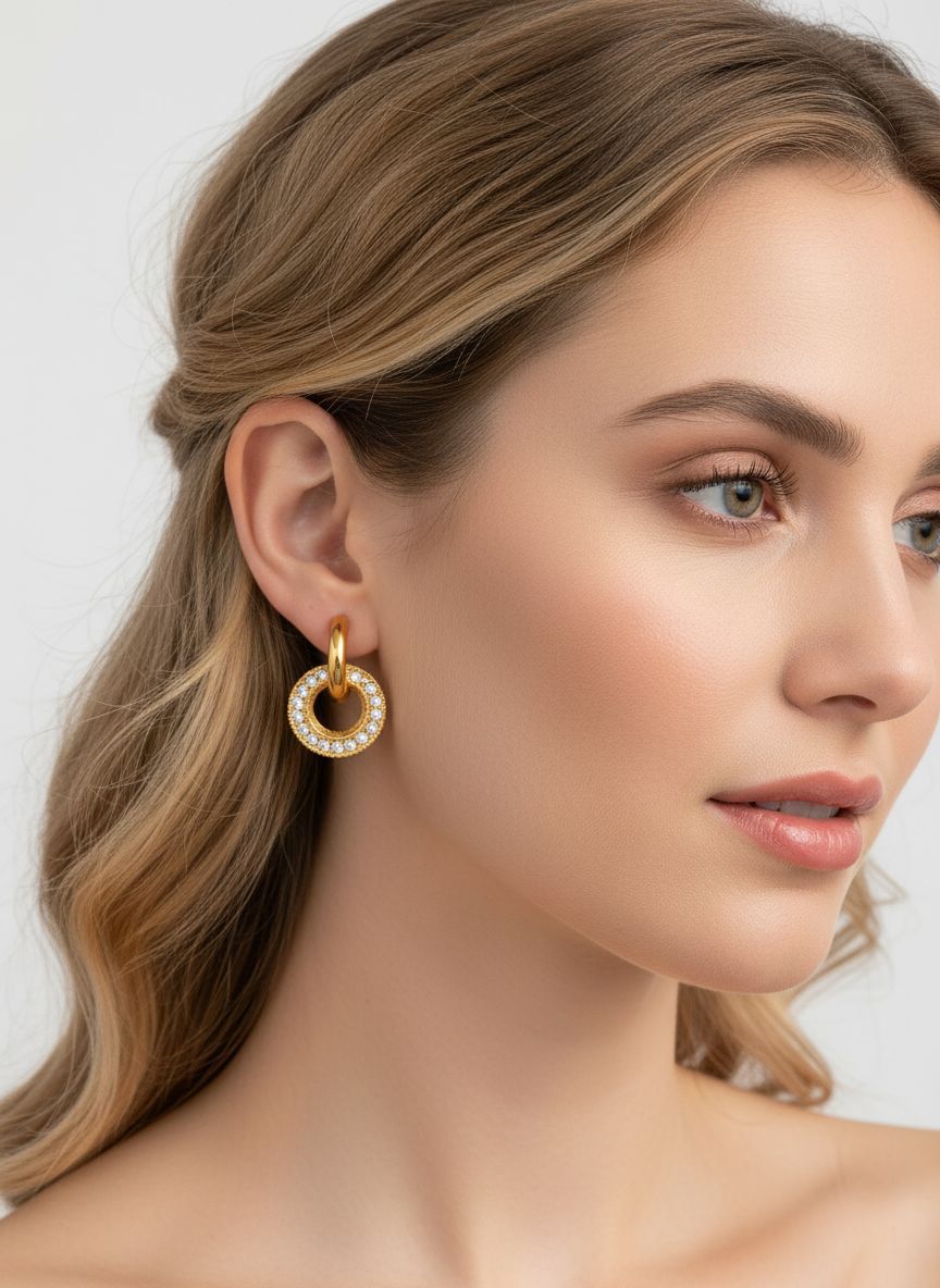 Earring #2 Stainless Steel Diamond-encrusted Round Hoop Earrings