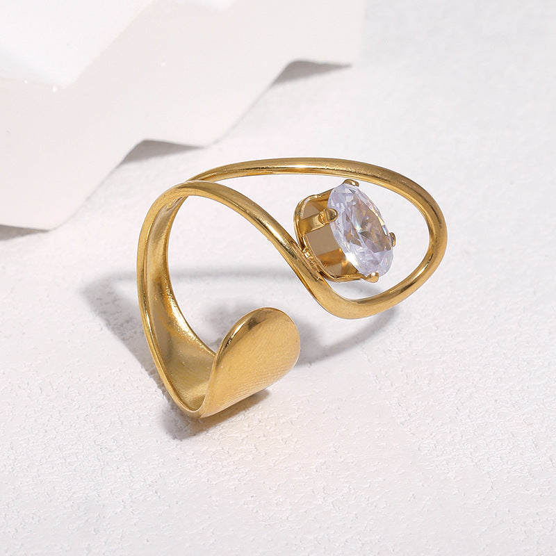 Gold Stainless Steel Open Ring Tarnish Free Gold Plated Zircon Titanium Steel