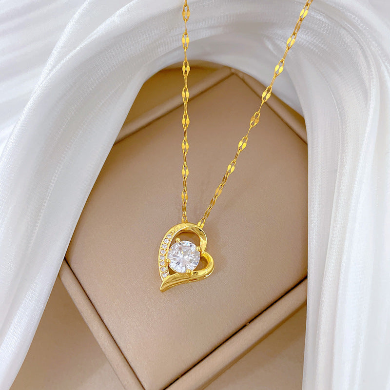 Gold Titanium Steel Diamond Heart Necklace