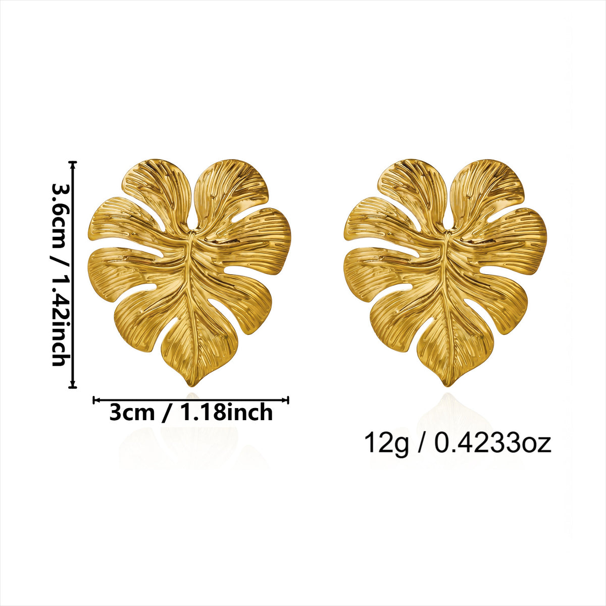 Golden Monstera Leaf Vintage Texture Statement Gold Geometric Stainless Steel Earrings