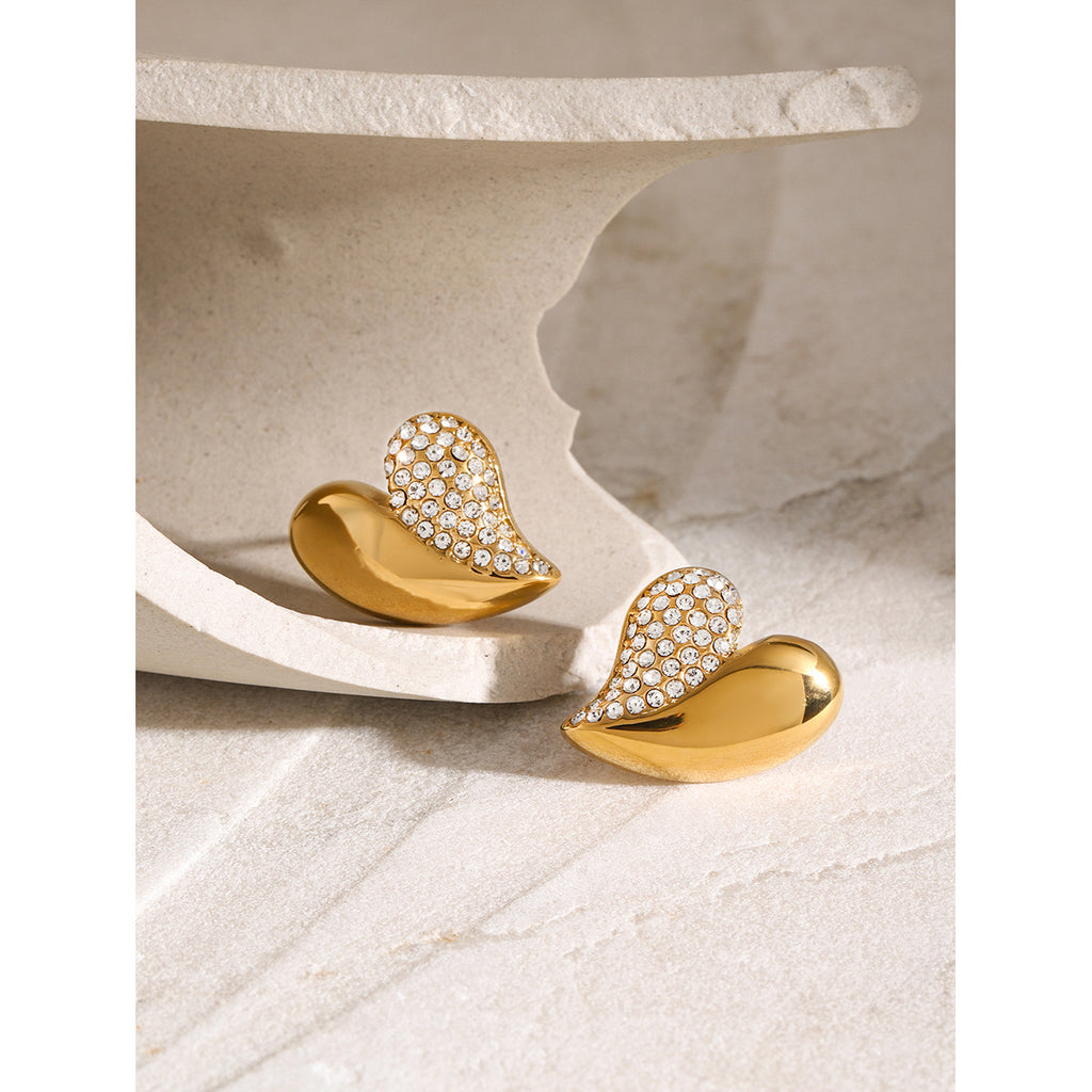 Fashion Gold Stainless Steel Diamond Heart Earrings