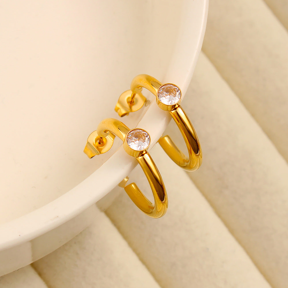 Gold Stainless Steel Diamond C-shaped Earrings