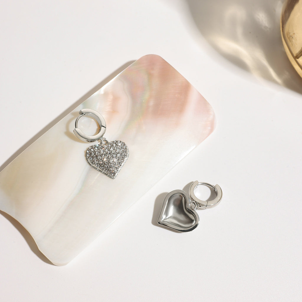 Silver Stainless Steel Diamond Heart Hoop Earrings
