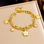 Gold Stainless Steel Diamond-encrusted Heart And Flower Double-layer Bracelet