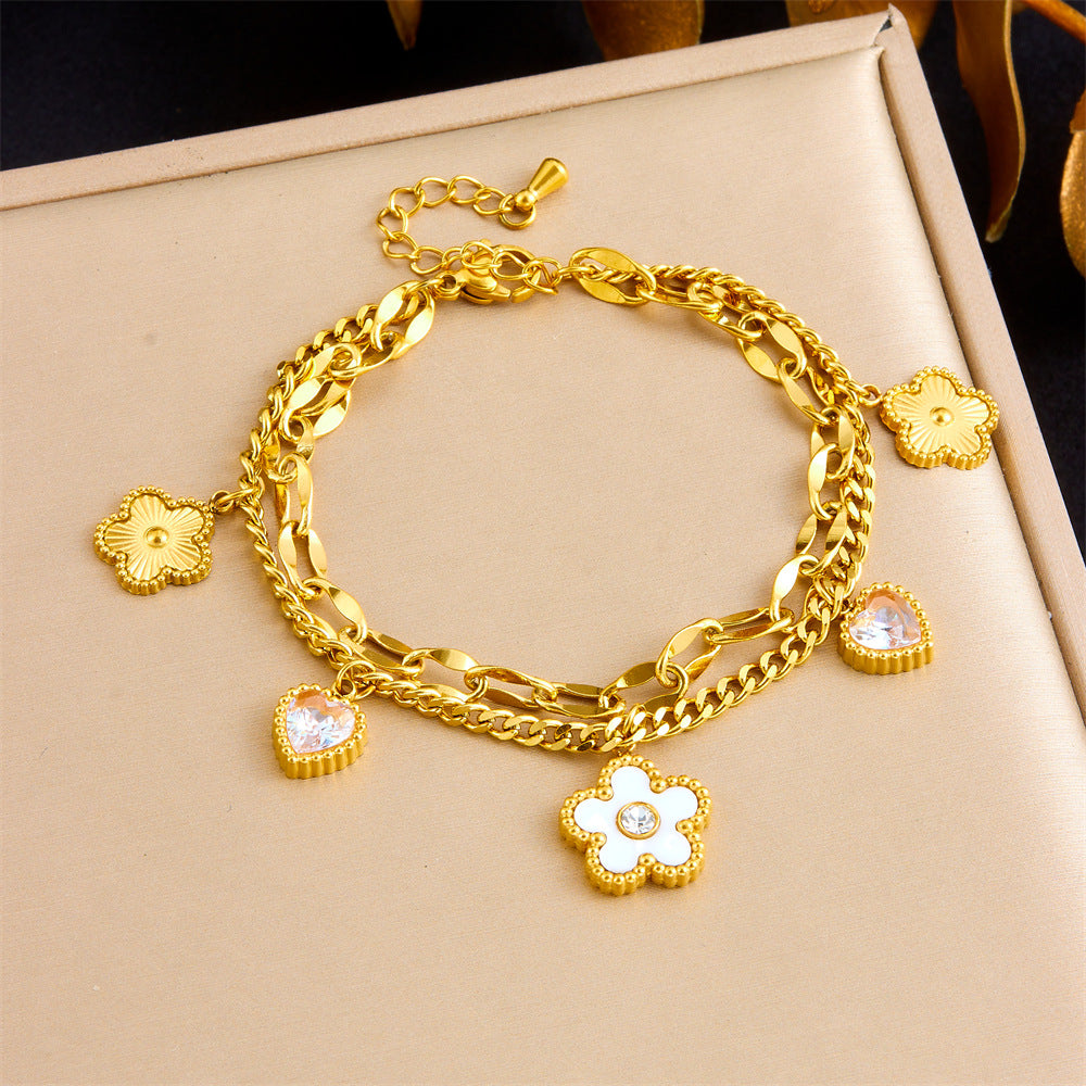 Gold Stainless Steel Diamond-encrusted Heart And Flower Double-layer Bracelet