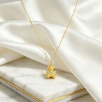 Gold Hollow Heart Bear Pendant Necklace Stainless Steel White Zircon Jewelry