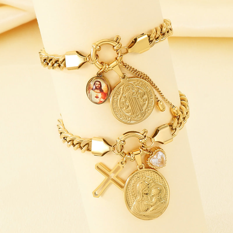 Gold 18k Gold Plated Coin Portrait Cross Cuban Bracelet