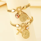 Gold 18k Gold Plated Coin Portrait Cross Cuban Bracelet