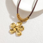 Gold Leather Cord Flower Necklace