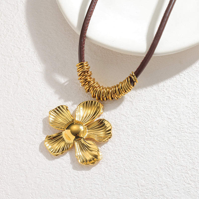 Gold Leather Cord Flower Necklace