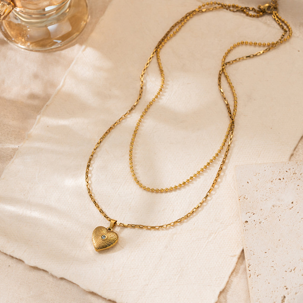 Gold French Retro Titanium Steel Double Layer Cz Heart Necklace