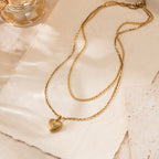 Gold French Retro Titanium Steel Double Layer Cz Heart Necklace