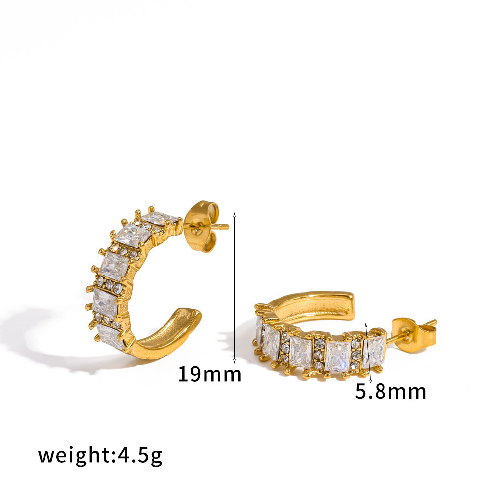 Gold 18k Gold Titanium Steel Prong Setting Pave Zircon C Shape Earrings