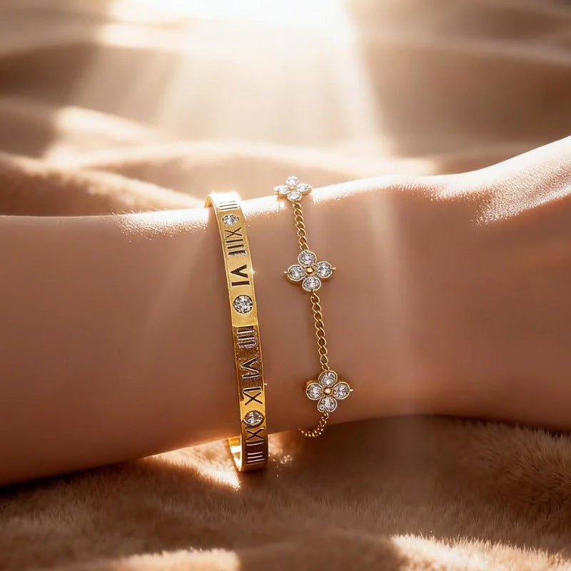 Set Amazon-style Stainless Steel Bracelet With Small Flower Design Fashionable Women's Bracelet.
