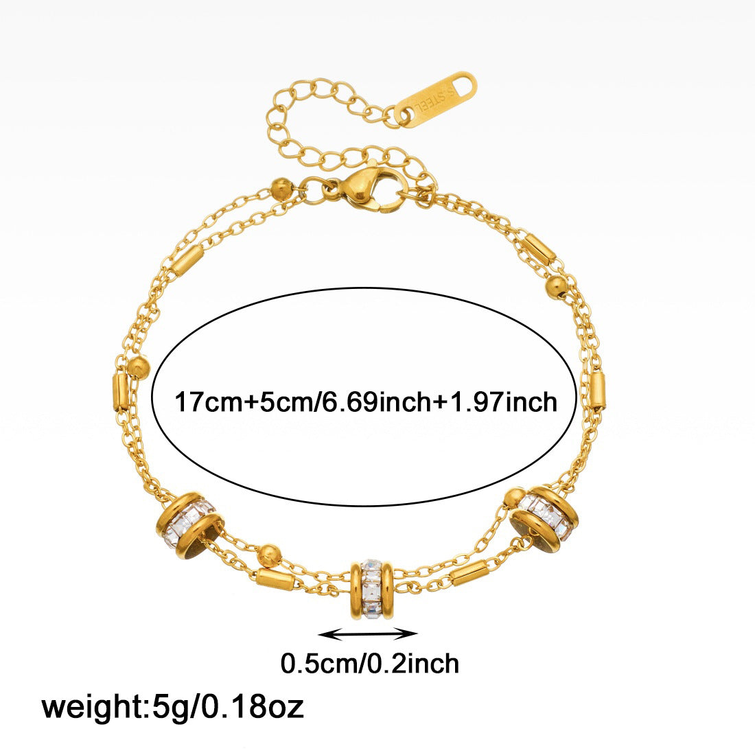 Gold Gold-plated Double-layer Chain Stainless Steel Diamond-set Round Bracelet