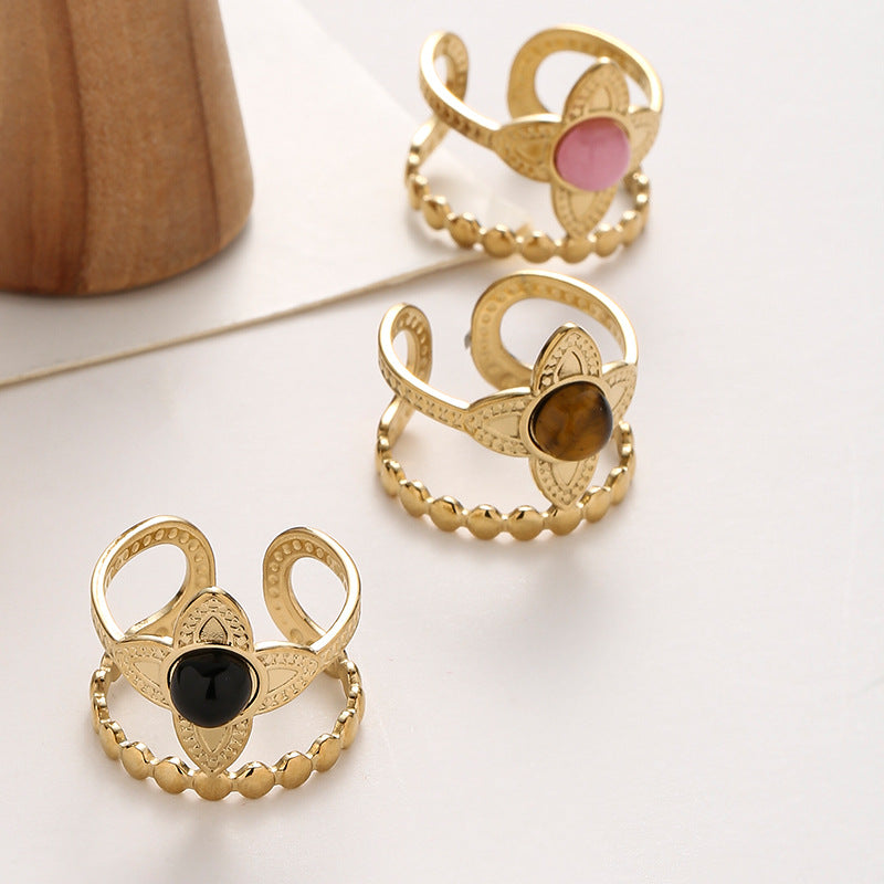 European And American Stainless Steel Flower Inlaid Stone Ring Black One By One Stainless Steel Petal Double Ring
