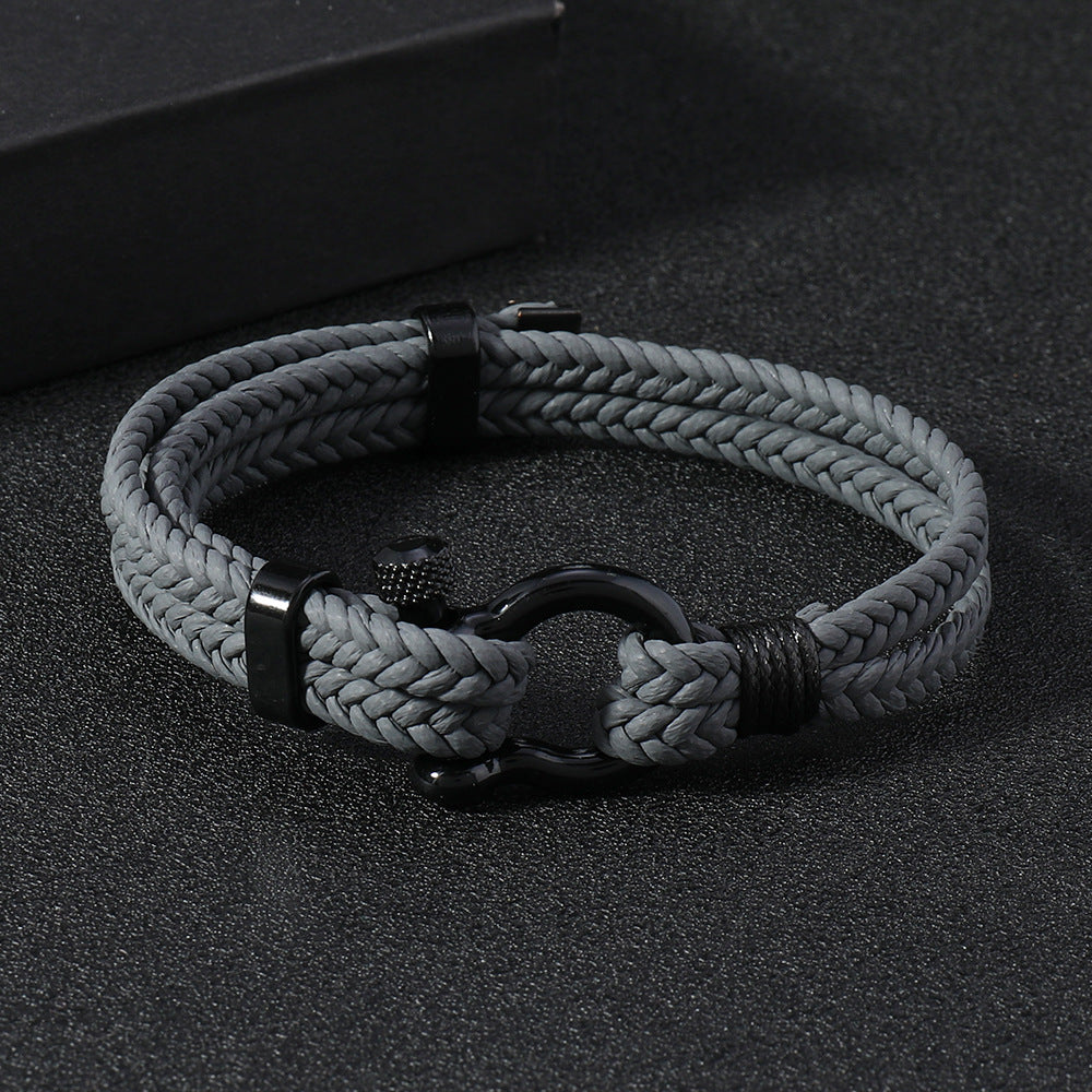 Black Leather Braided Horseshoe Buckle Men's Bracelet
