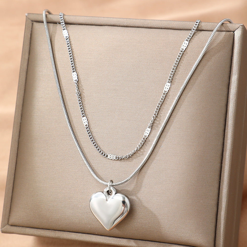 Gold Stainless Steel Heart Double Layer Necklace