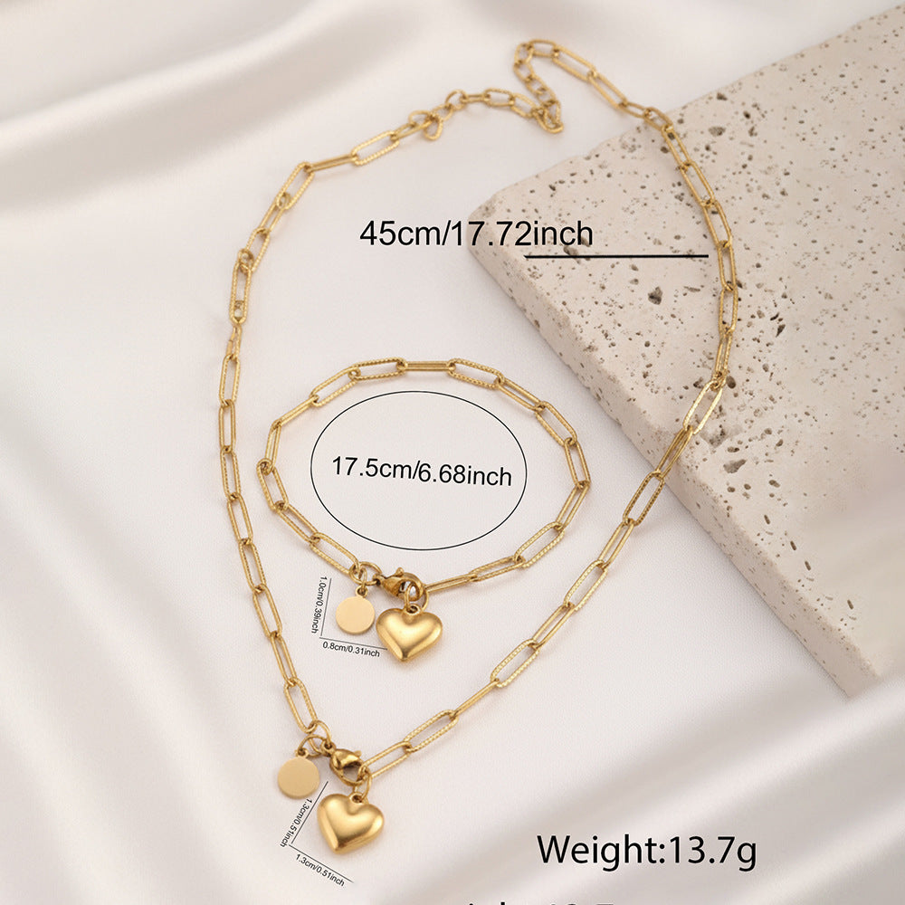 Silver Stainless Steel Heart Necklace And Bracelet Set