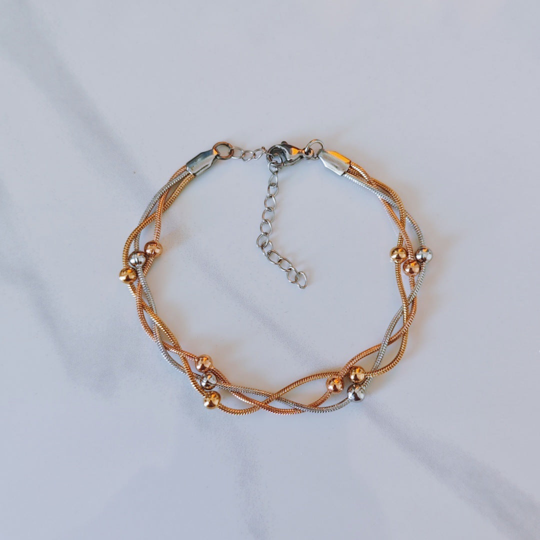 Three-color Gold Stainless Steel Multi-layered Round Snake Bead Bracelet