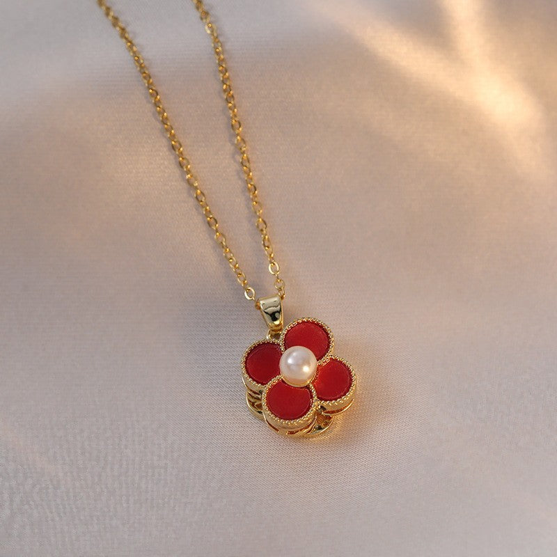 Red Titanium Steel Rotating Bauhinia Zircon Necklace