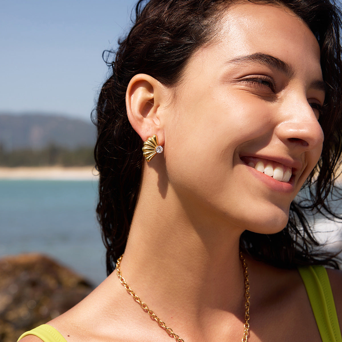 Gold Sparkling Zircon Titanium Steel Stud Earrings
