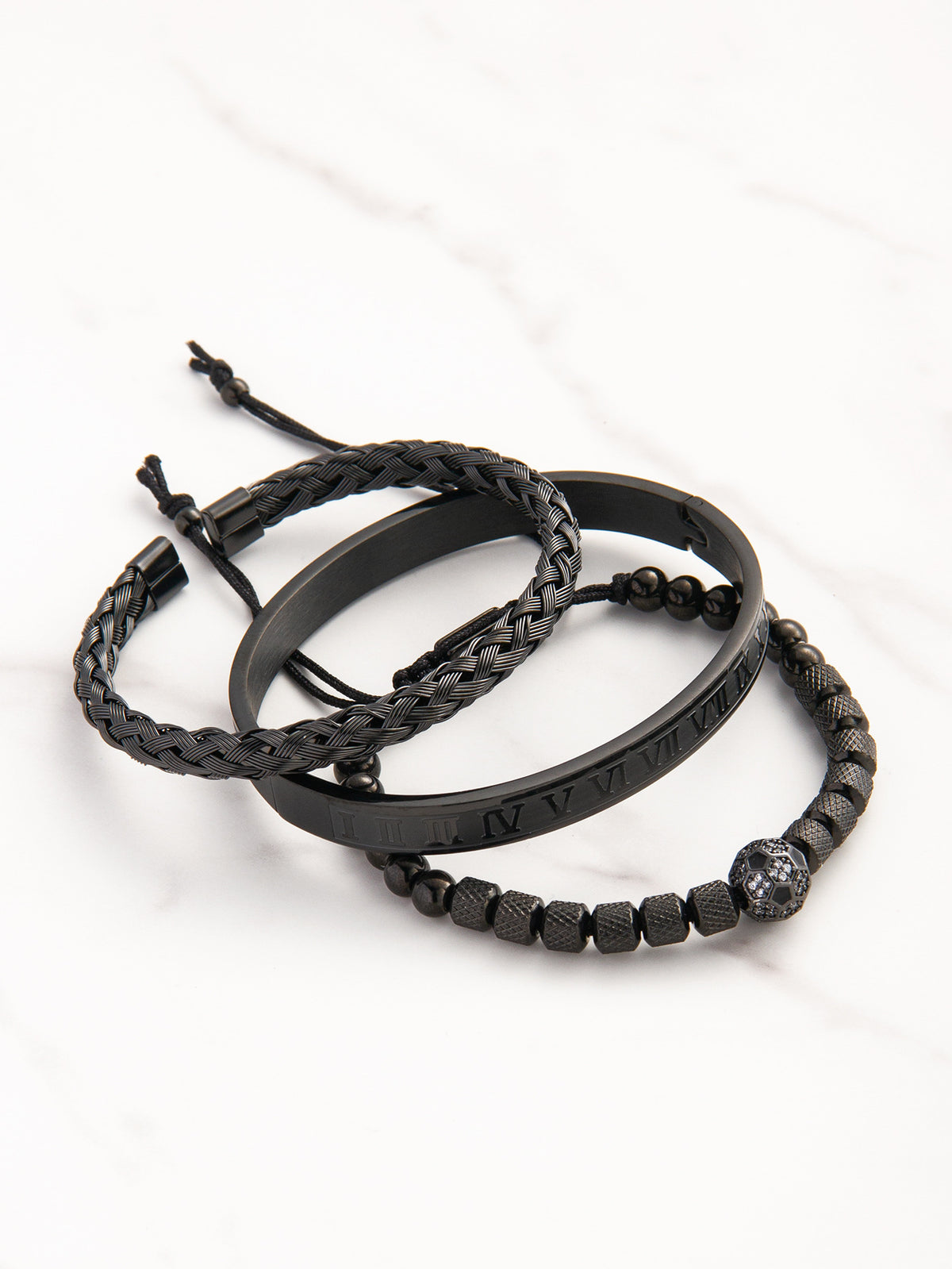 Black Stainless steel beaded woven men's bracelet set