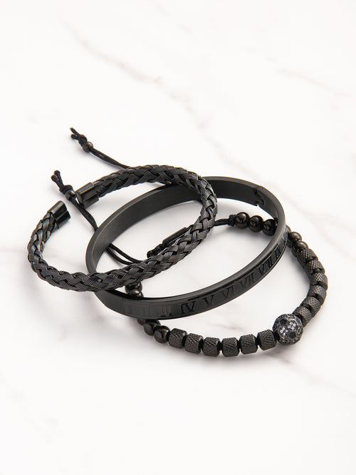 Black Stainless steel beaded woven men's bracelet set