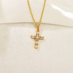 Gold Stainless Steel Diamond-encrusted Cross Necklace