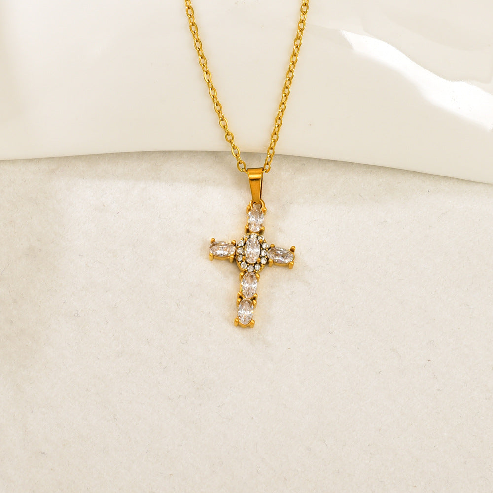 Gold Stainless Steel Diamond-encrusted Cross Necklace