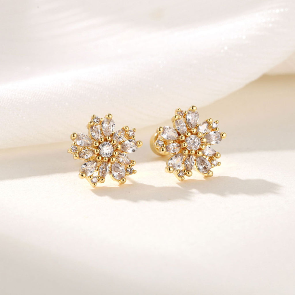Gold Stainless Steel Snowflake Earrings Inlaid With Zircon