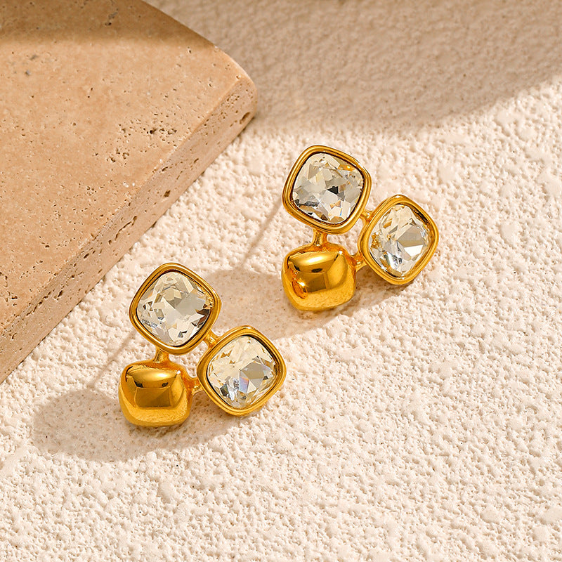 Gold 316l Stainless Steel Diamond-set Square Stud Earrings