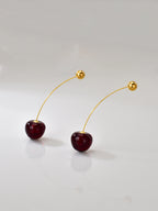 Gold Red Cherry Fruit 18k Gold Steel Earrings