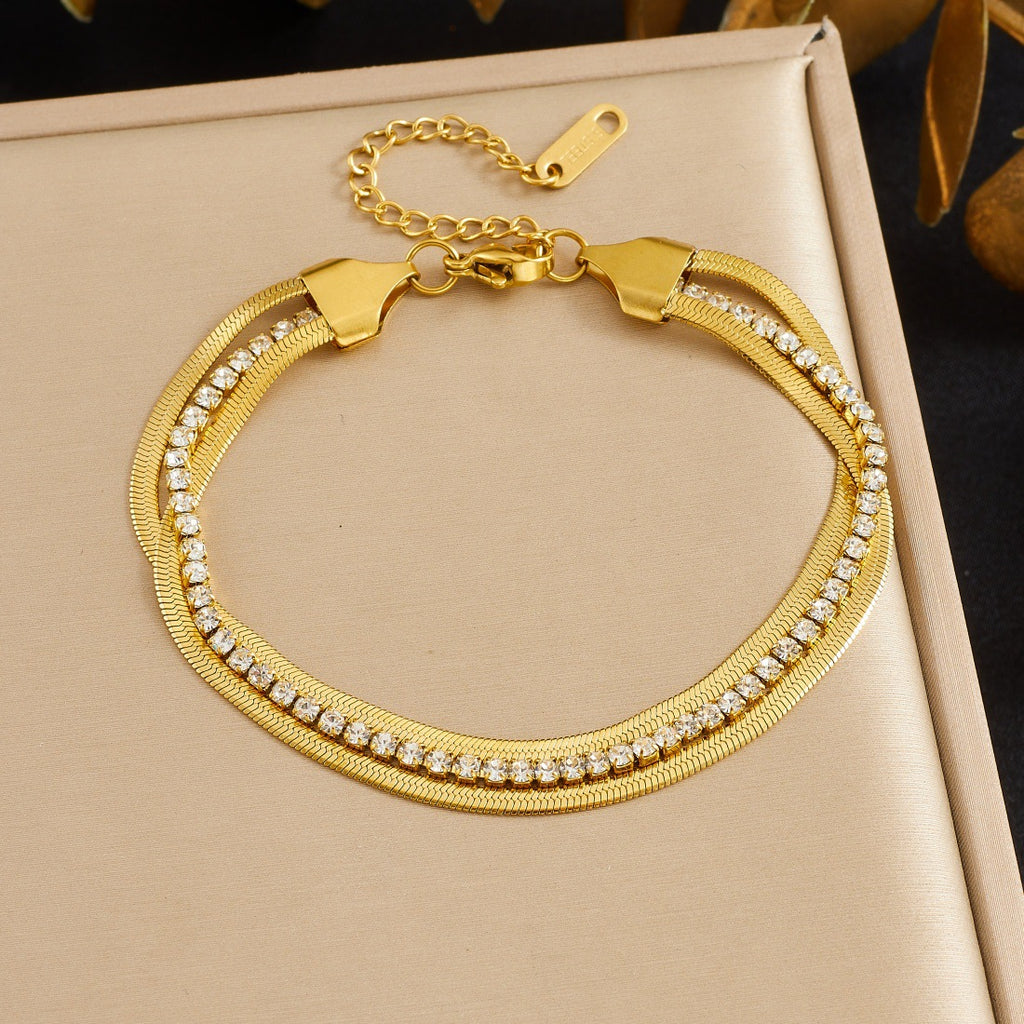 Gold Diamond-encrusted Gold-plated Multi-layered Stainless Steel Chain Bracelet