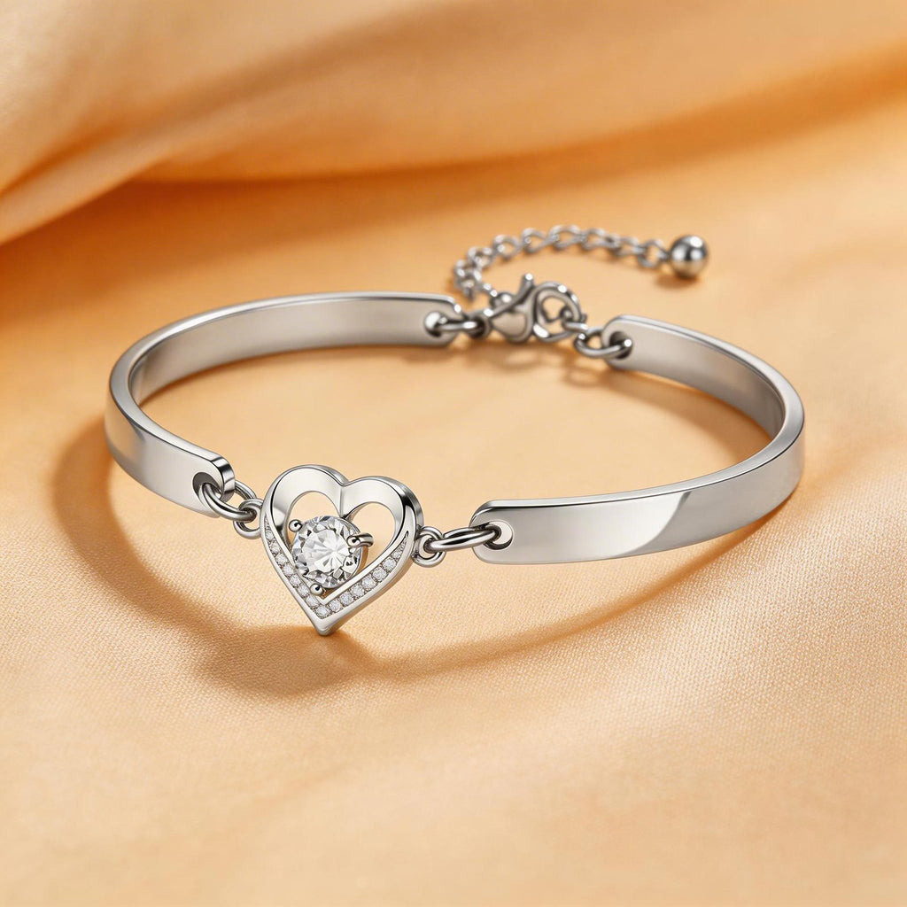 Silver Stainless Steel Diamond-encrusted Heart Bracelet