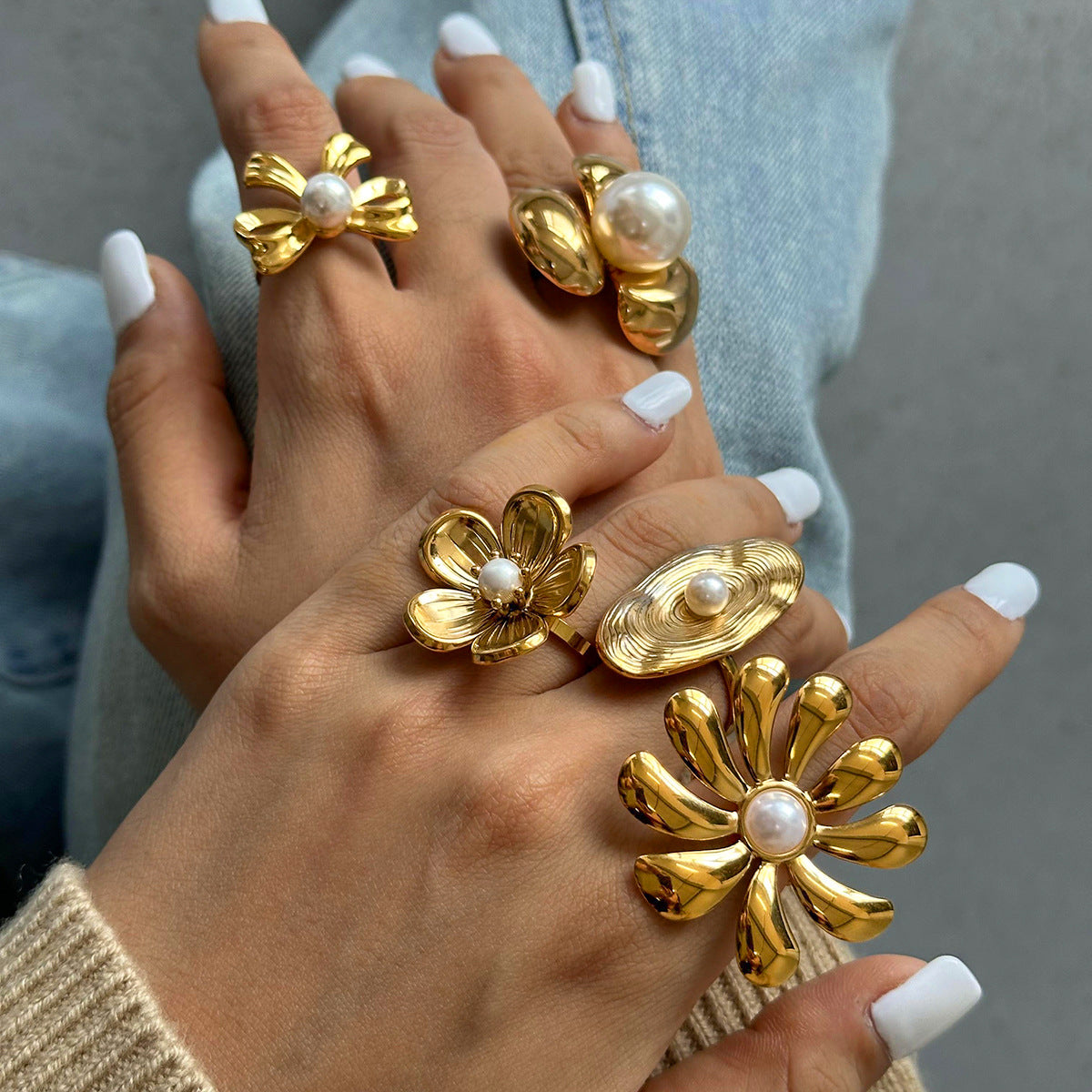 Gold 2 Stainless Steel Flower Pearl Ring