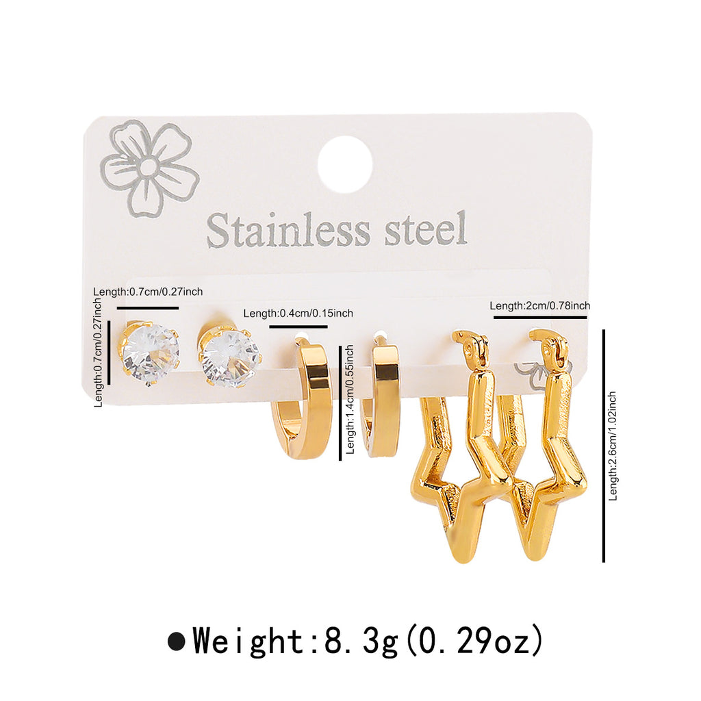 Round Stainless Steel Diamond Oval Five-pointed Star Heart Geometric Earrings Set