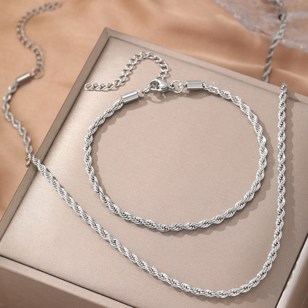Silver Stainless Steel Twist Necklace Bracelet Set