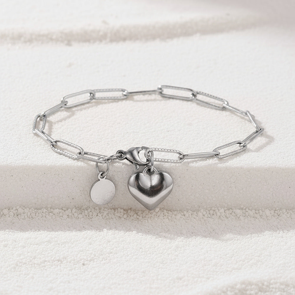 Silver Stainless Steel Heart Necklace And Bracelet Set