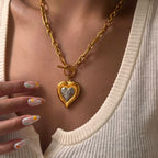 Gold Titanium Steel Ot Buckle Heart Necklace Inlaid With Zirconium