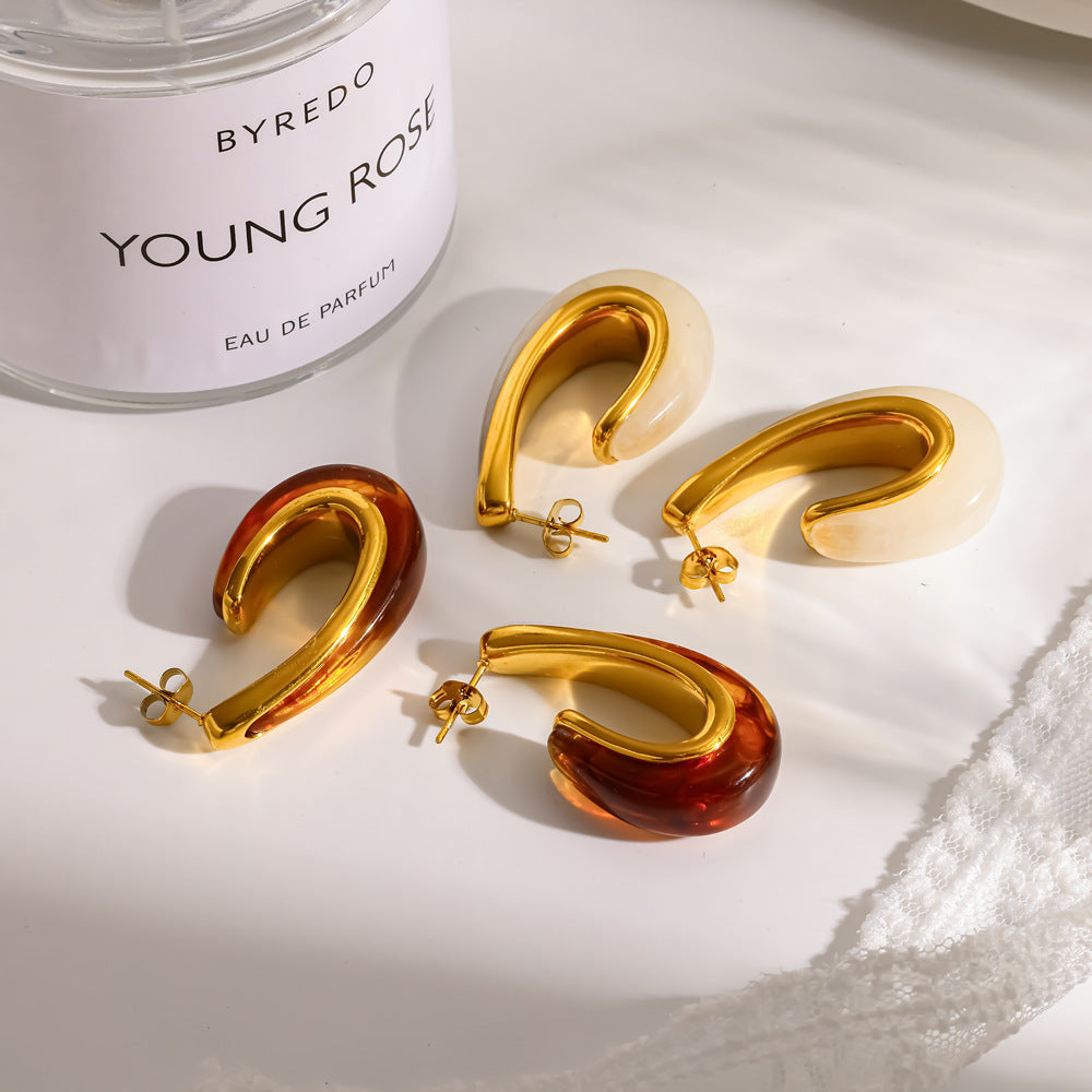 Gold Titanium Steel Stainless Steel Resin Curved C Shaped Earrings