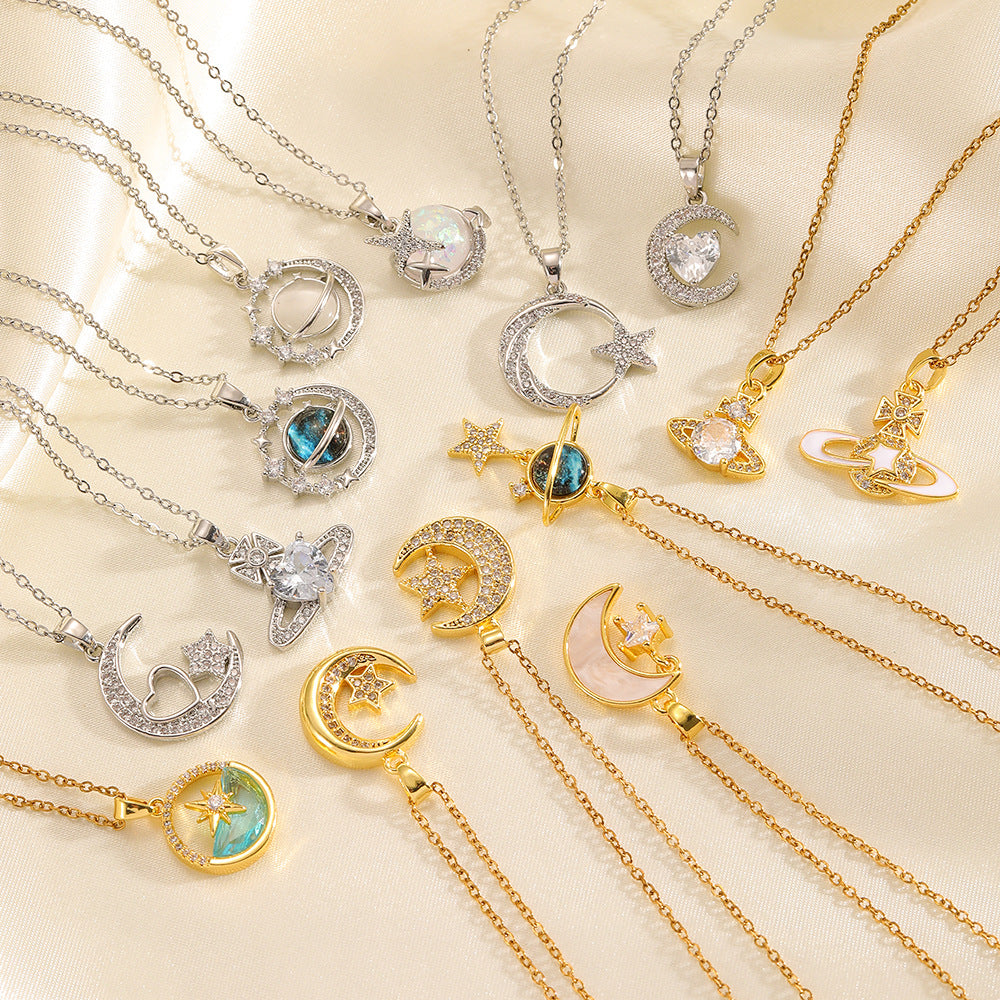 Necklace #8 304 Stainless Steel Diamond-encrusted Heart And Moon Necklace