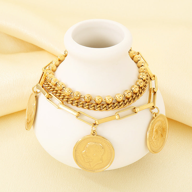 Gold 18k Gold Plated Coin Portrait Cross Cuban Bracelet
