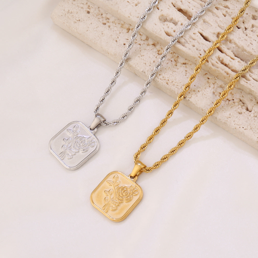Golden Square Roses Stainless Steel Flower Necklace