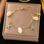 White Pearl Heart Earrings Gold Zircon Clover Steel Necklace Bracelet Set