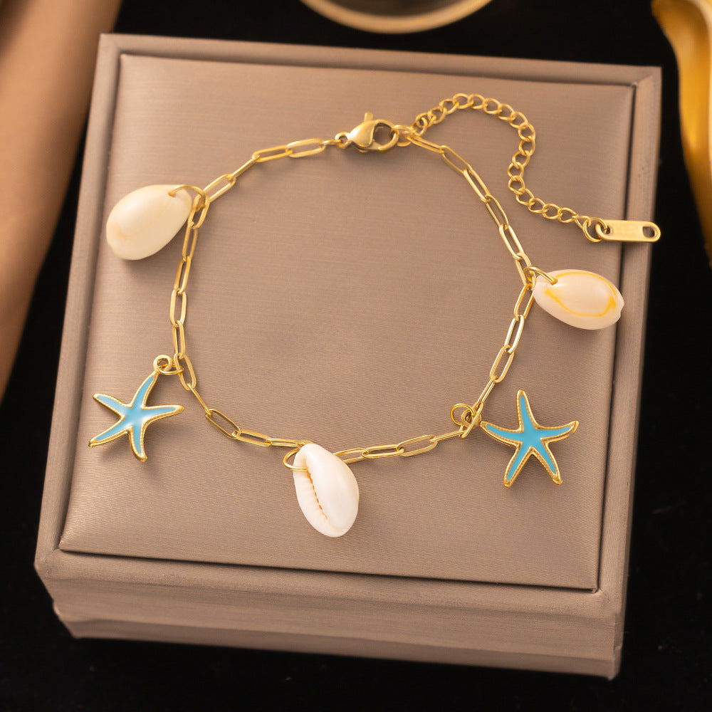 White Pearl Heart Earrings Gold Zircon Clover Steel Necklace Bracelet Set