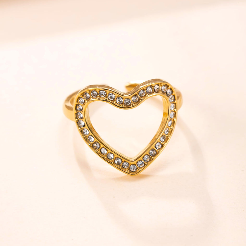 Gold Stainless Steel Diamond-encrusted Heart Ring